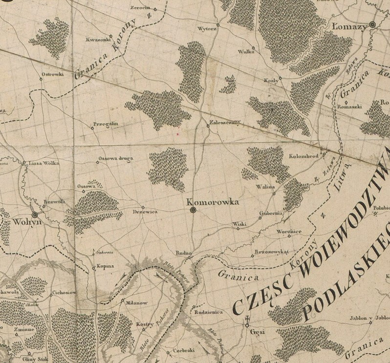 Wyrys z mapy Karola de Pertheesa z 1786 r. przedstawiający przynależność starostwa wohyńskiego, w tym Komorowki / pisownia jak na mapie /, i Brzozowegokąta do Wielkiego Księstwa Litewskiego.
