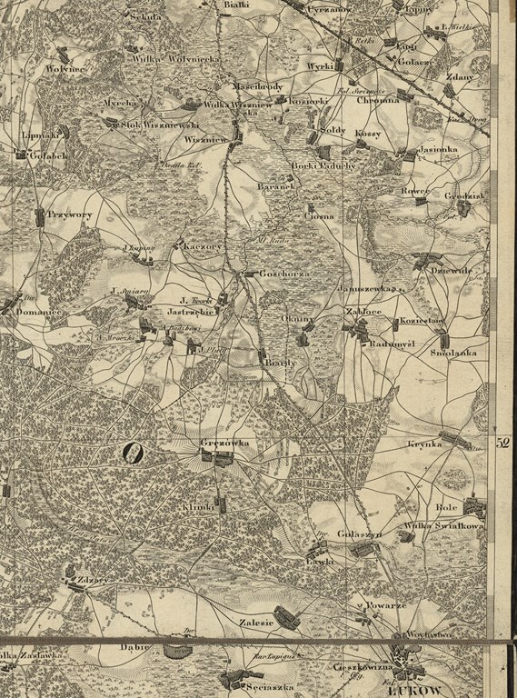 Wycinek z mapy kwatermistrzowskiej Królestwa Polskiego z ok 1850 r. 